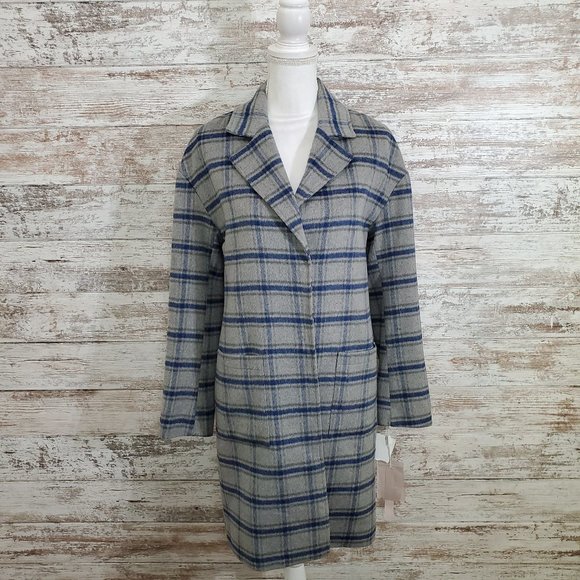 AVEC LES FILLES Grey Blue Plaid Pea Coat XS NWT - Picture 5 of 15